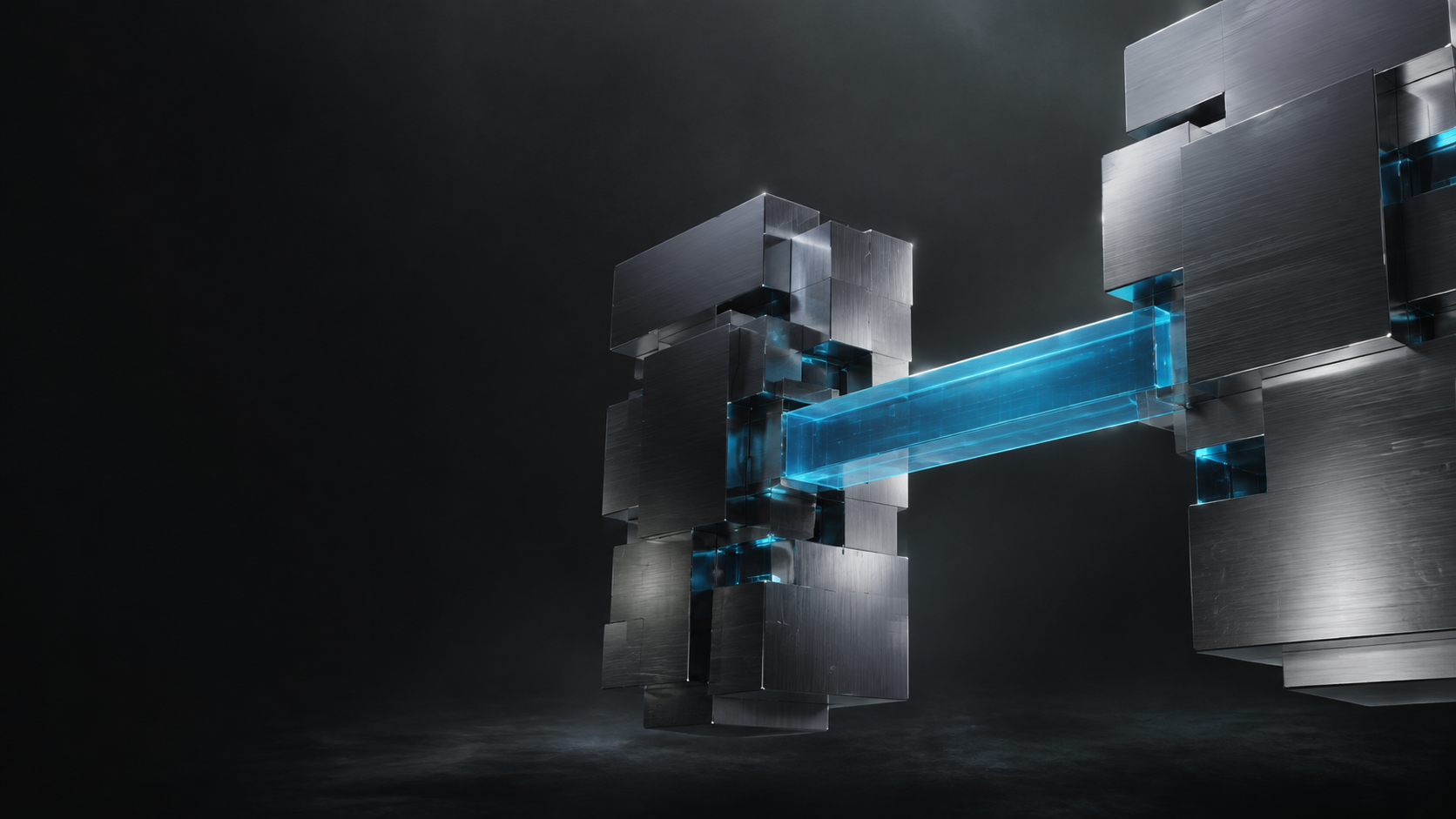 Modular metallic structures joined by a luminous cyan bridge