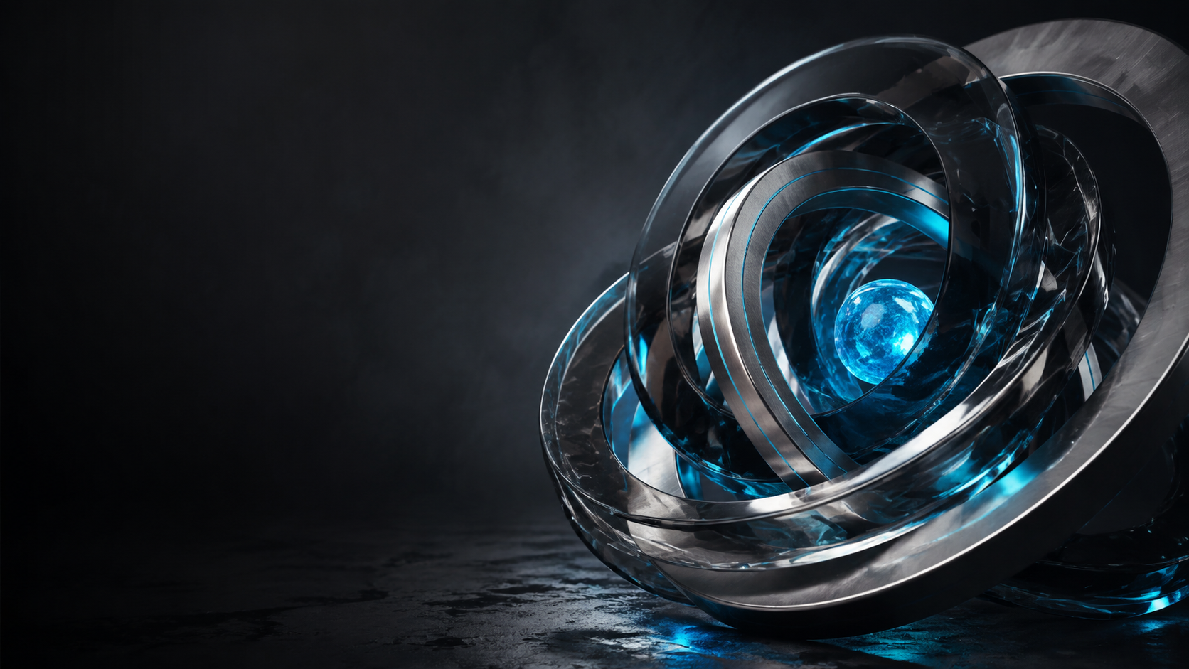 Interlocking crystal and titanium rings around a protected cyan core